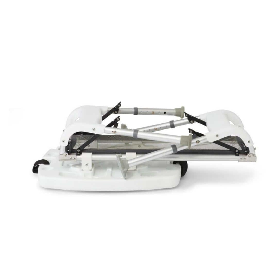 A Medline Sliding Transfer Bathtub Bench—folding and portable—rests collapsed and flat against a white background, displaying its sturdy metal legs and latex-free plastic seat in a compact design.