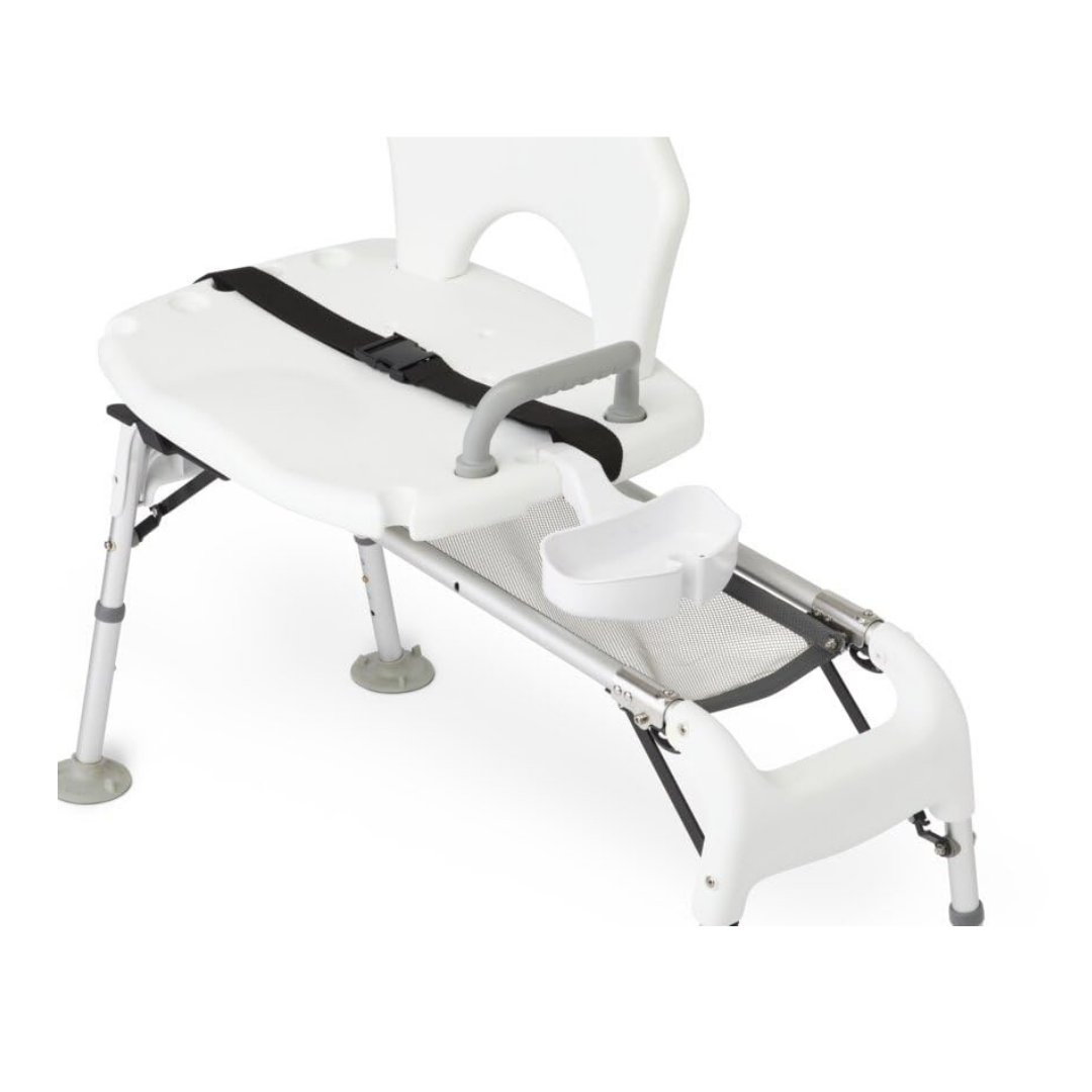The Medline Sliding Transfer Bathtub Bench is a white, folding, portable bench with backrest, armrest, safety belt, and sliding seat for easy bathing. Bariatric capacity offers added stability and support.