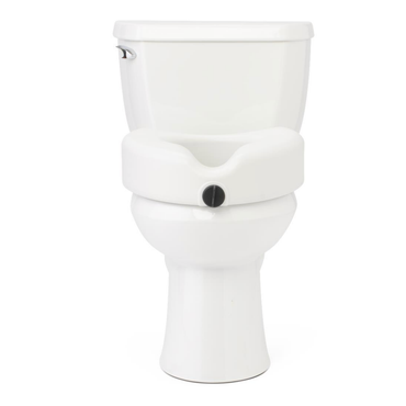 A white toilet features the Medline 5 Raised Locking Toilet Seat with Microban Treatment and a white potty training seat attached, providing added height and safety for both adults and young children.