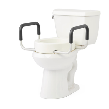 The Medline 3.5 Bariatric Toilet Seat Riser with Arms is a white toilet seat riser with two black and silver armrests, designed to provide added support and safety in the bathroom for those with limited mobility.