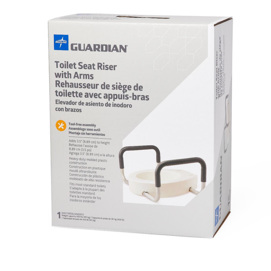 The boxed Medline 3.5 Bariatric Toilet Seat Riser with Arms boosts bathroom safety for those with limited mobility. Packaging shows English, French, and Spanish product details, a riser image with handles, and notes tool-free assembly.
