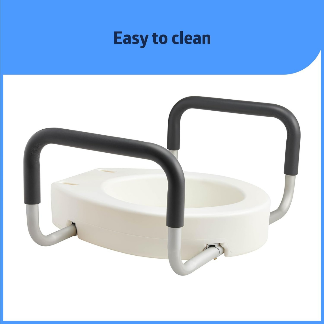 The Medline 3.5 Bariatric Toilet Seat Riser with Arms, featuring black and silver handles, is shown on a plain background. Blue text reads: Easy to clean—perfect for bathroom safety and added support.
