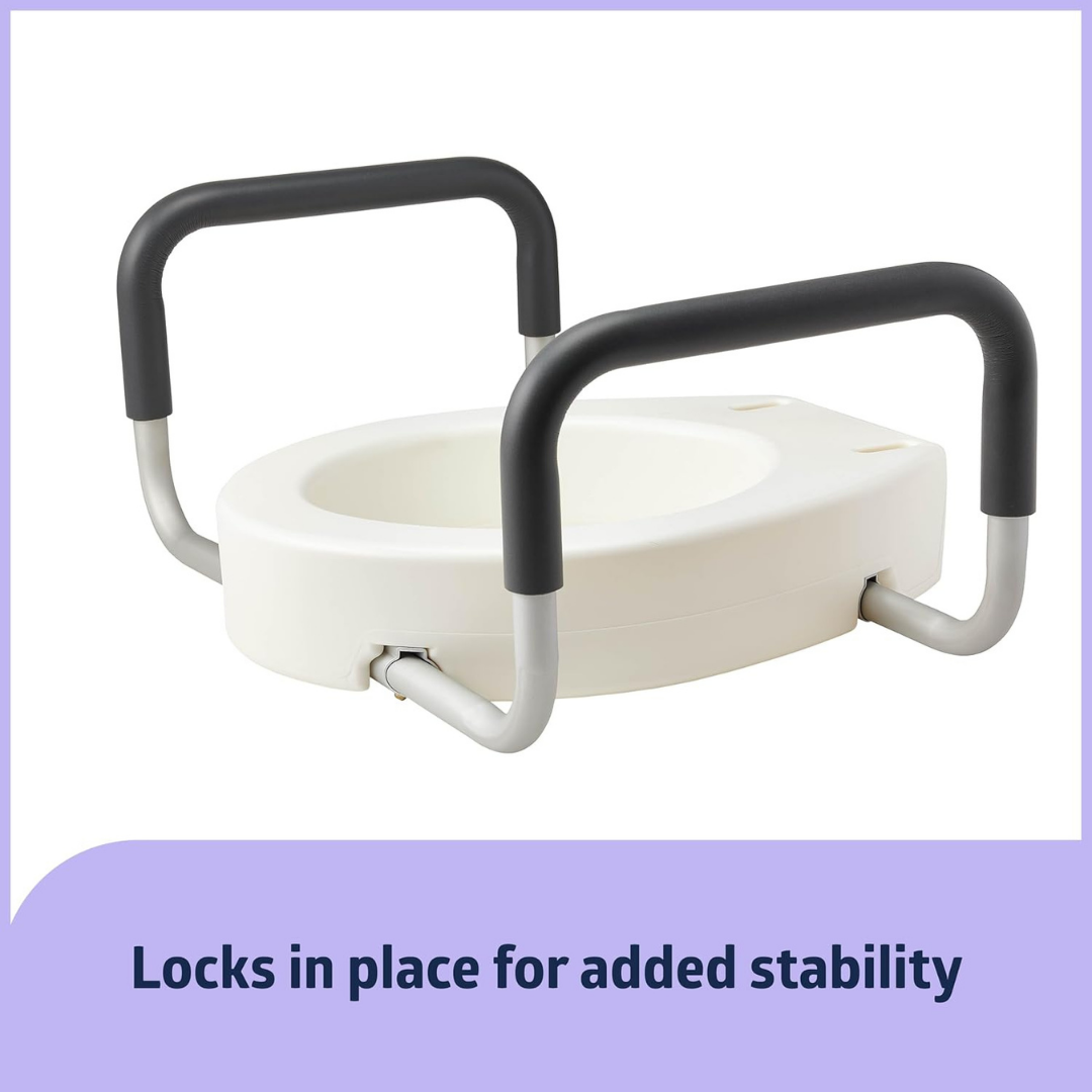 A Medline 3.5 Bariatric Toilet Seat Riser with black and gray support arms. Text below reads, Locks in place for added stability, ensuring bathroom safety, on a purple background.