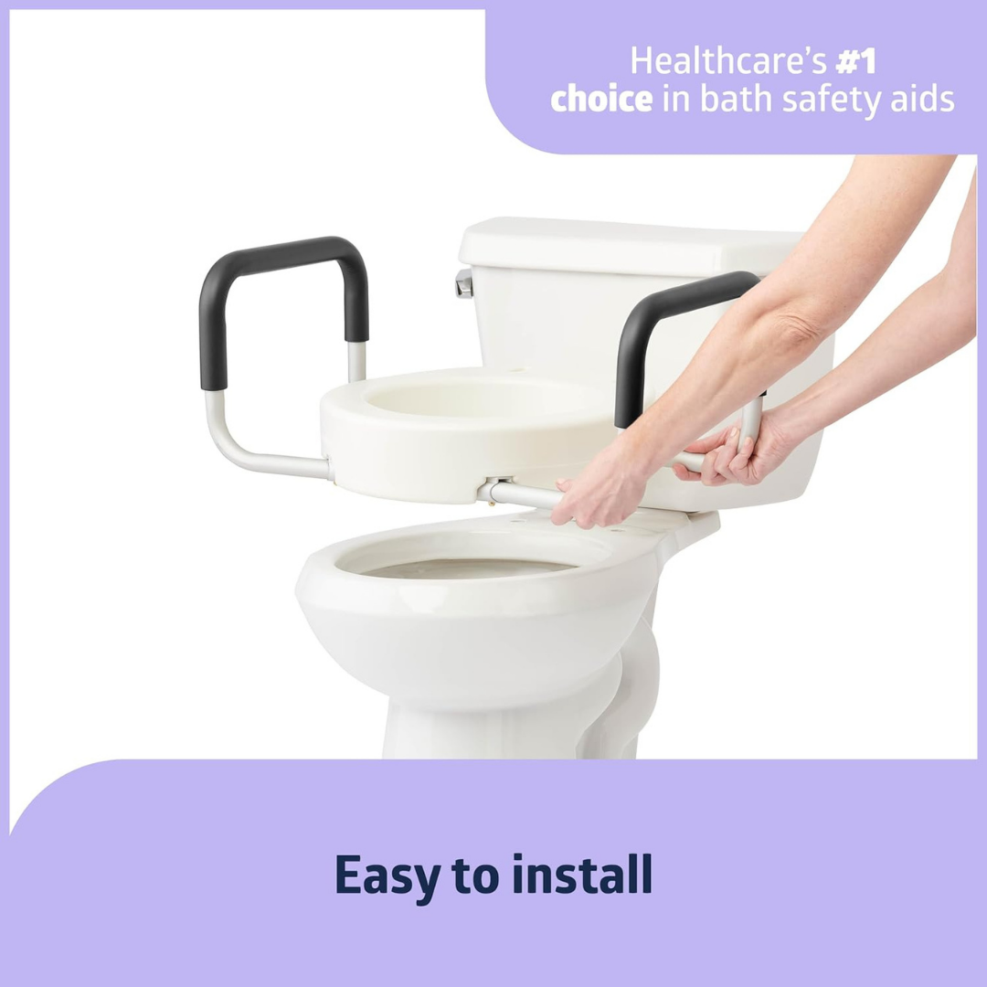 A person installs the Medline 3.5 Bariatric Toilet Seat Riser with Arms on a white toilet. Text reads: Healthcare’s #1 choice in bathroom safety aids and Easy to install.