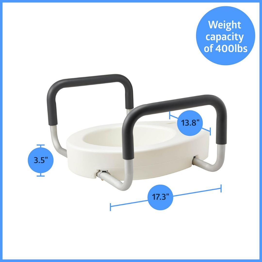 The Medline 3.5 Bariatric Toilet Seat Riser with Arms features black handles, a white base, 17.3 width, 13.8 opening, and supports up to 400 lbs—ideal for bathroom safety and mobility assistance.