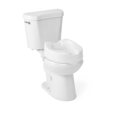 The Medline 4 Locking Raised Toilet Seat without Arms attaches securely to a standard white toilet, providing a slip-resistant, elevated seat that makes sitting and standing easier for people with limited mobility. Plain white background.