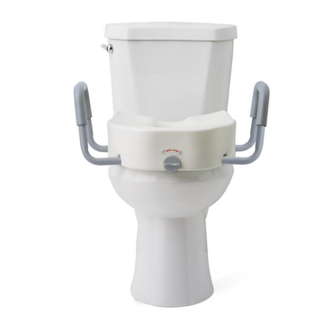 The Medline Bariatric 5 Elongated Raised Toilet Seat with Lock and Removable Padded Arms is a white toilet seat riser with gray padded handles, designed to improve bathroom safety for those with mobility challenges.