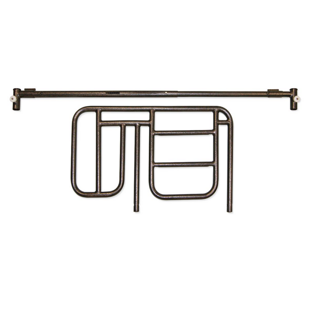 A set of Medline Bed Rails for Medline Homecare Beds displayed on a white background, featuring a long rod and multiple bent and straight metal pieces, indicating simple installation for enhanced patient safety.