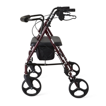 The Medline Heavy-Duty Bariatric Rollator with 8 wheels is maroon with a reinforced frame, cushioned seat, black handlebars with brakes, and a black pouch under the seat. Shown from the side against a white background.