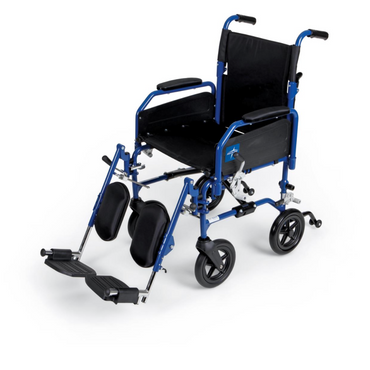 The Medline Hybrid 2 Transport Wheelchair is a blue and black folding wheelchair featuring a lightweight frame, padded and removable arms, a fabric seat, adjustable footplates, and four small wheels for easy portability and mobility.
