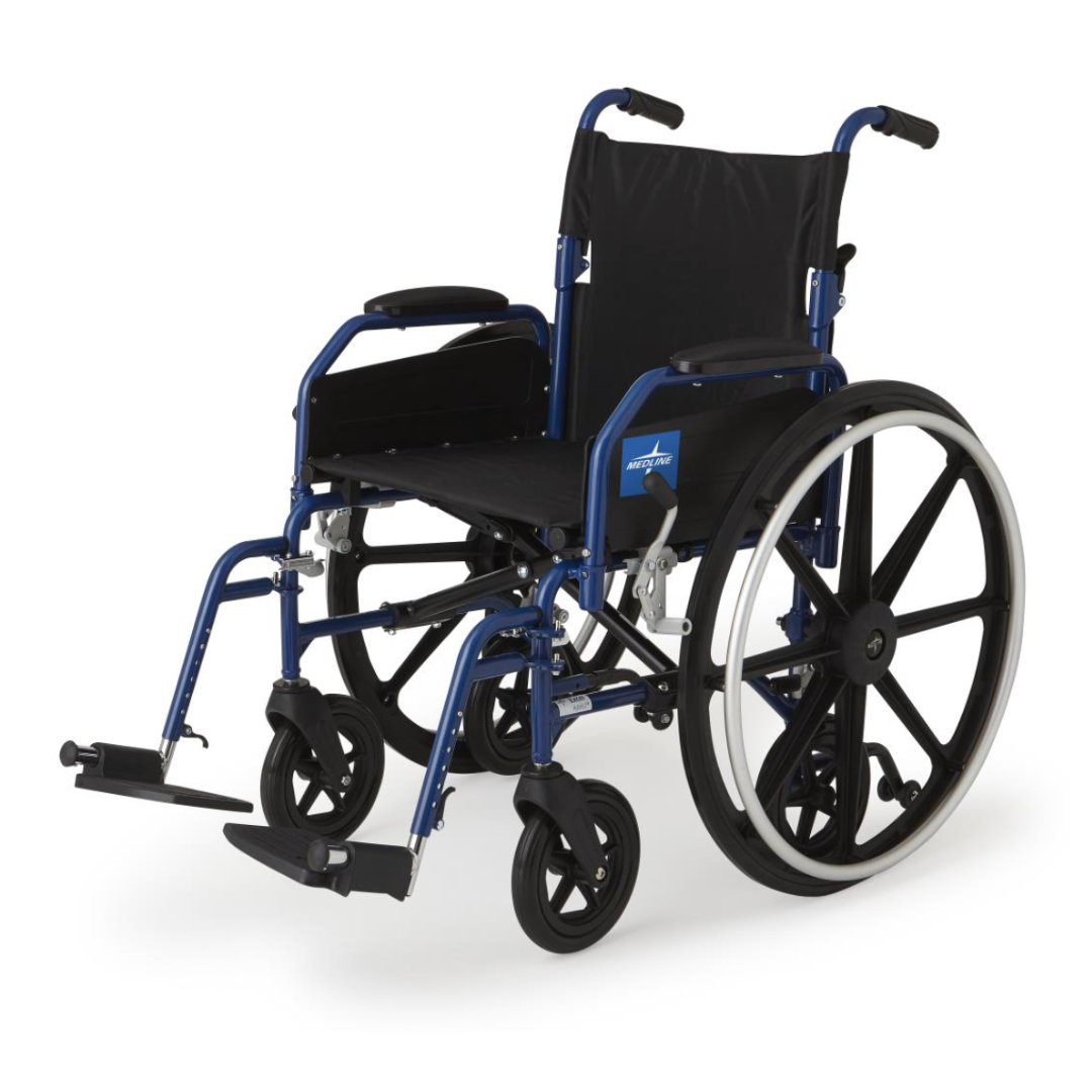 The Medline Hybrid 2 Transport Wheelchair comes in blue and black, equipped with large rear wheels and smaller front wheels. It includes padded, removable armrests and footrests, offering a simple design perfect for mobility assistance.