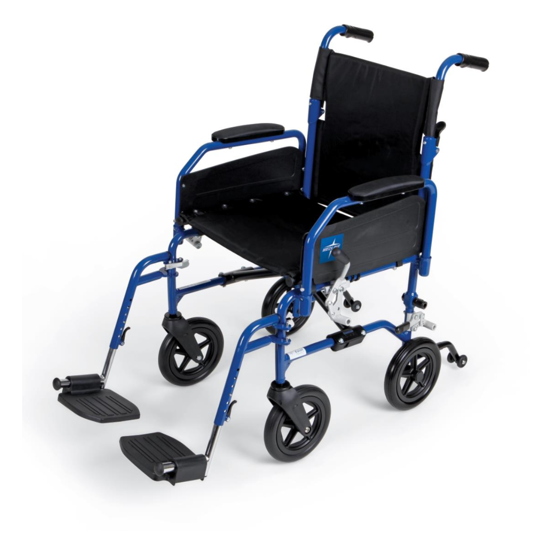The Medline Hybrid 2 Transport Wheelchair features a blue frame, black armrests, removable desk-length arms, and a comfortable seat. It provides excellent mobility assistance with its four wheels—two large at the back and two smaller at the front—and footrests for support.