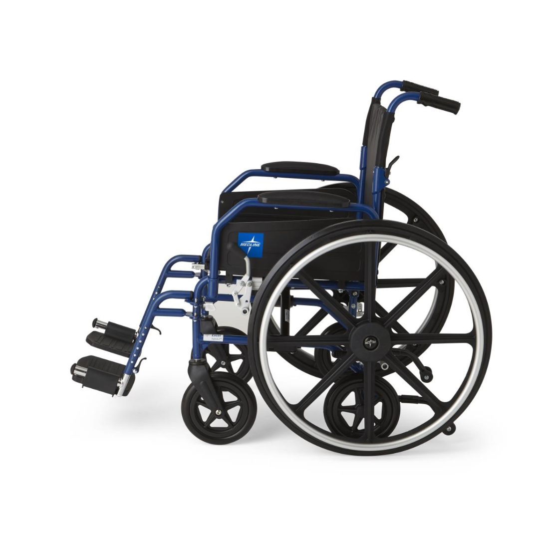 The Medline Hybrid 2 Transport Wheelchair features large rear wheels, small front wheels, a blue and black design with a black seat, removable arms, and footrests for practical use.