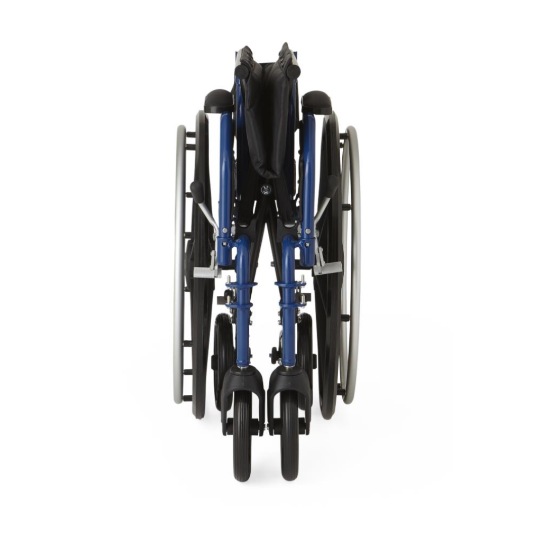 The Medline Hybrid 2 Transport Wheelchair, with a blue frame and black seat, is seen upright from the front. It includes removable arms for convenience, two footrests, large rear wheels, and smaller front wheels.