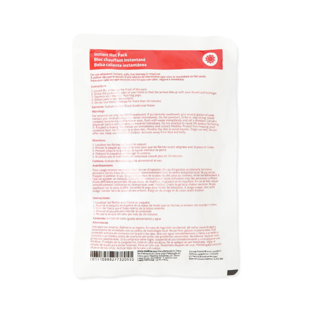 Medline Instant Hot Packs come in rectangular white packaging with red labeling. The back displays instructions, warnings, and ingredients in English, French, and Spanish. Provides therapeutic warmth. Barcode printed at the bottom.