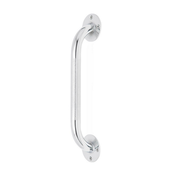 The Medline Knurled Chrome Grab Bar features a silver steel finish, non-slip center grip, and mounts vertically with round screw plates at each end, making it ideal for fall prevention on any white surface.