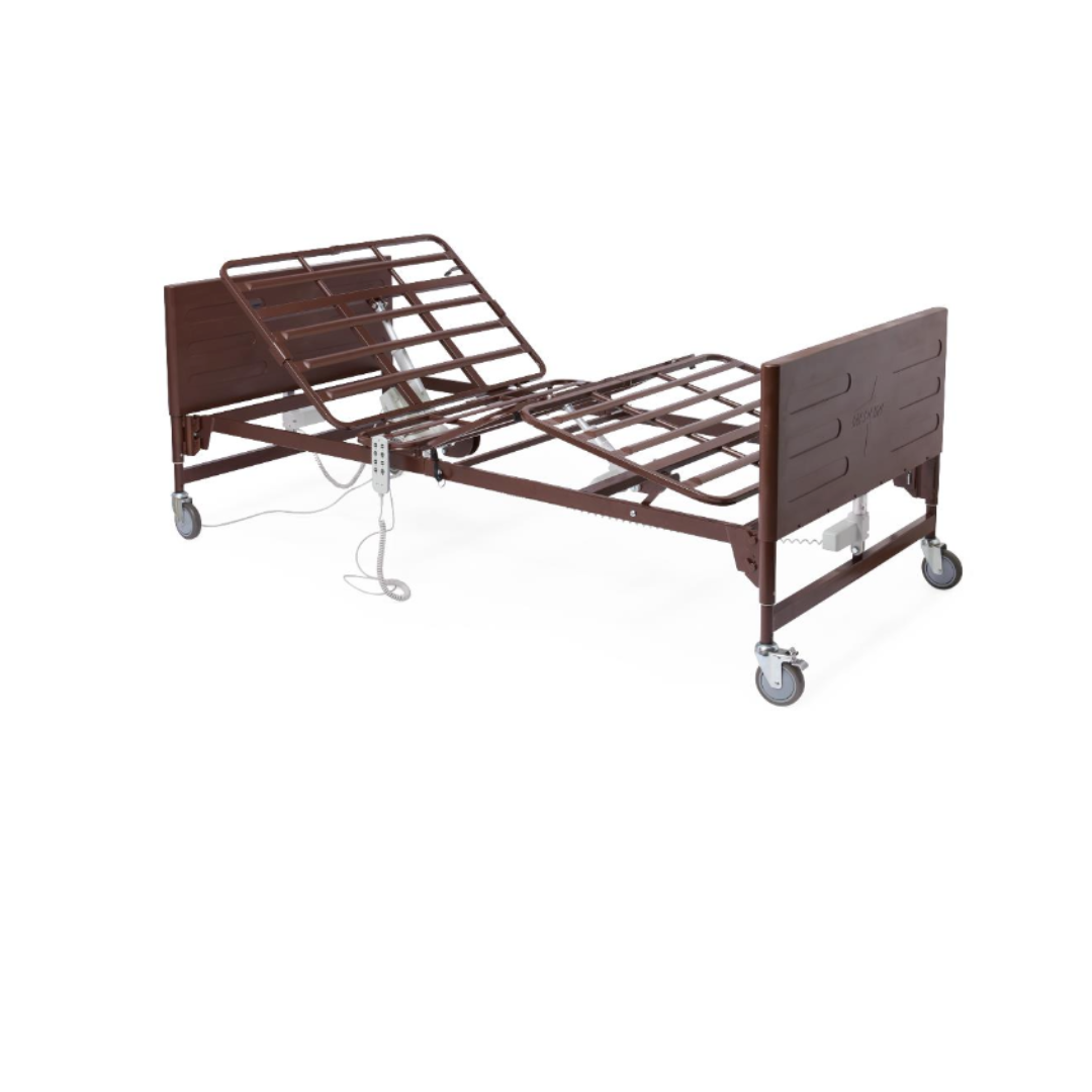 The Medline Lightweight Bariatric Full Electric Homecare Bed features a brown frame, metal rails, caster wheels, and a remote to adjust head and leg sections—perfect for comfortable and supportive bariatric care at home.