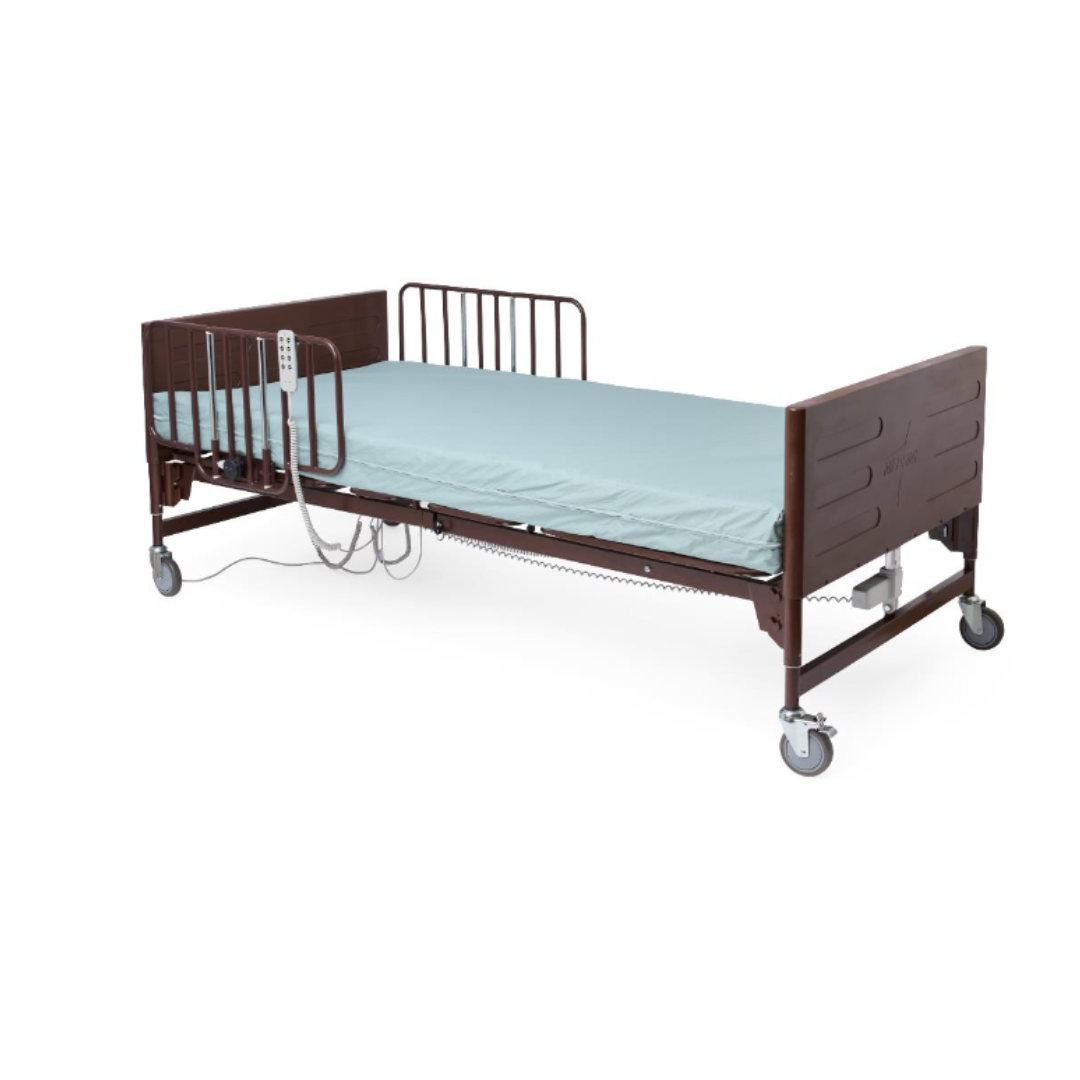 The Medline Lightweight Bariatric Full Electric Homecare Bed features brown metal rails, a light blue mattress, side guardrails, wheels, and an attached wired remote control.