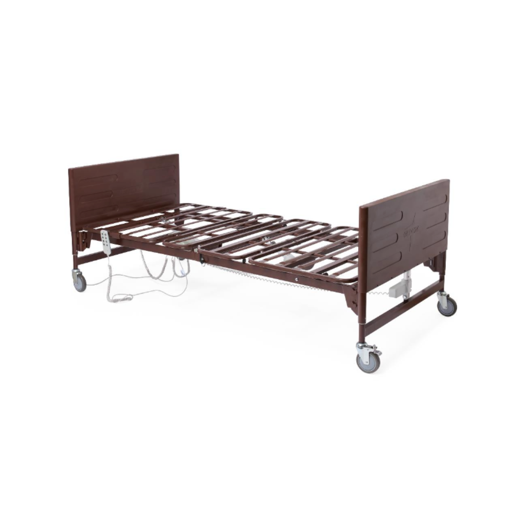 A Medline Lightweight Bariatric Full Electric Homecare Bed frame in brown, featuring metal slats, headboard, footboard, wheels, and a remote control is displayed on a white background.