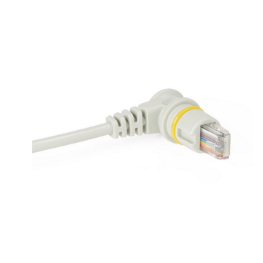 A close-up of Medline Long Term Care Bed Pendants shows a white Ethernet cable with an angled connector and yellow accent, featuring a clear RJ45 plug and visible wires, commonly used for device connections in care beds.