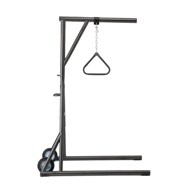 The Medline Freestanding Bariatric Trapeze with Wheels is a black metal lift frame with tool-free assembly, two base wheels, a top horizontal bar, and a central triangular handle on a short chain for heavy-duty support.