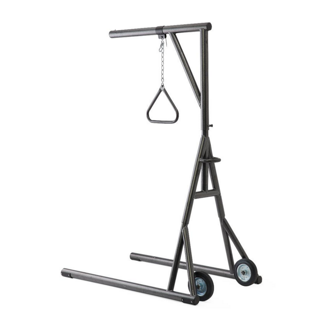 The Medline Freestanding Bariatric Trapeze with Wheels is a portable, heavy-duty steel trapeze bar with a triangular handle and chain, supported by a mobile frame—ideal for bariatric home care to help patients safely reposition in bed.