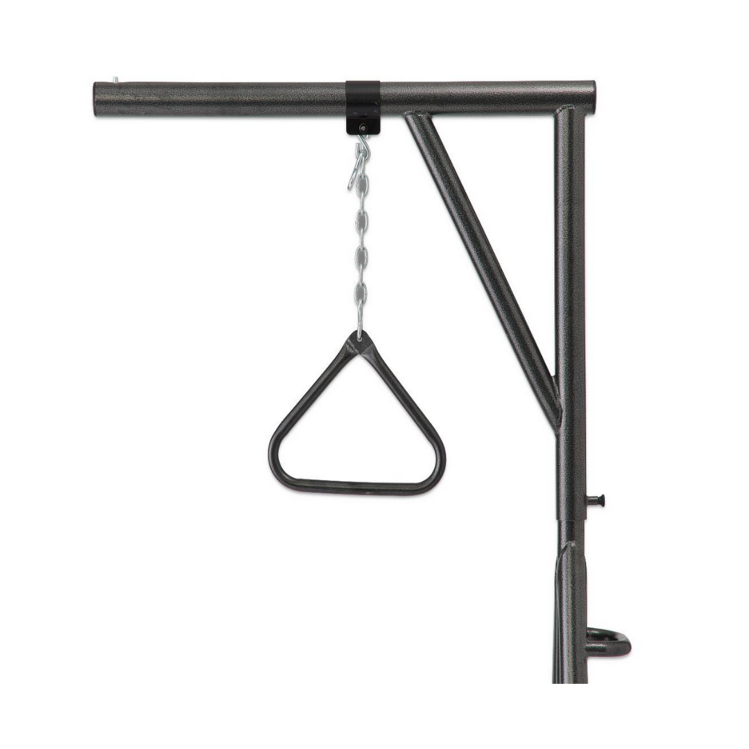 The Medline Freestanding Bariatric Trapeze with Wheels features a metal bar with a triangular handle hanging from a chain on a sturdy wheeled frame, ideal for bariatric home care, shown against a white background.