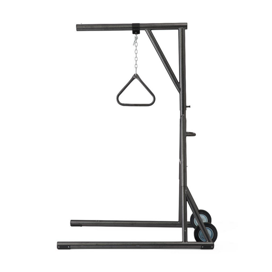 The Medline Freestanding Bariatric Trapeze with Wheels features a sturdy black metal frame, heavy-duty support, two base wheels, a handle, and a center hanging chain with triangular grip—ideal for bariatric home care.