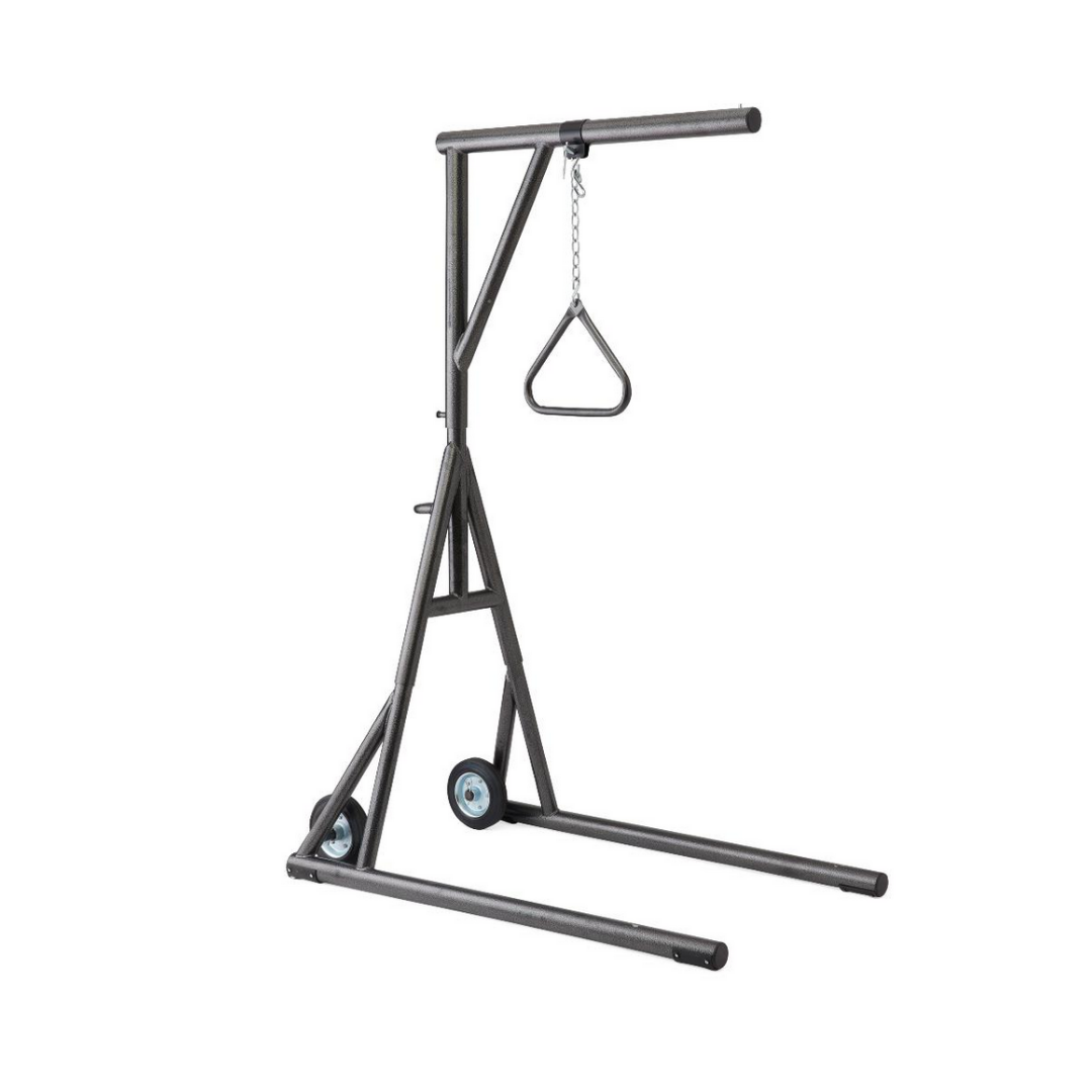 The Medline Freestanding Bariatric Trapeze with Wheels features a sturdy metal frame, overhead bar, triangular handle on a chain, and wheels—providing heavy-duty support for safe patient mobility and transfers in bariatric home care.