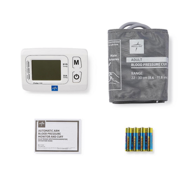 The Medline Automatic Digital Blood Pressure Unit With Talking Feature is displayed with a universal cuff, instruction manual, and four AA batteries on a white background.