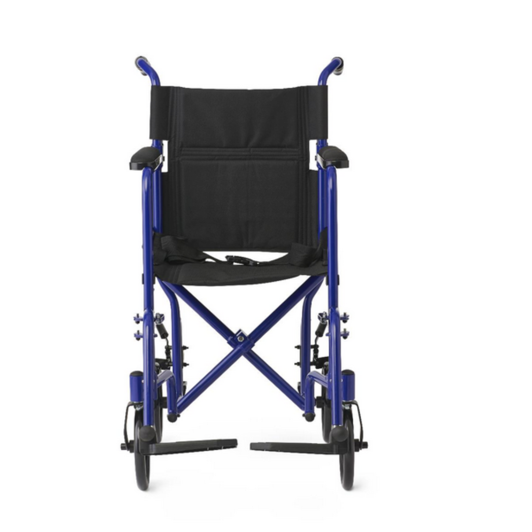 The front view of the Medline Basic Aluminum Transport Chair showcases its blue lightweight aluminum frame, black fabric seat and backrest, footrests, push handles, and four wheels. Ideal for smooth mobility. The background is white.