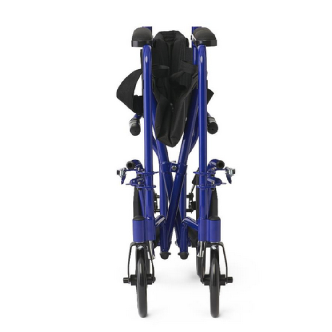 A compact Medline Basic Aluminum Transport Chair, seen front-folded, highlights its easy storage design. Made from durable aluminum, it features a black seat and backrest with four small wheels for smooth mobility.