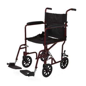 The Medline Basic Aluminum Transport Chair has a burgundy frame and black seat, with four wheels, two footrests, and padded fixed full-length armrests for easy mobility and assistance in transport.