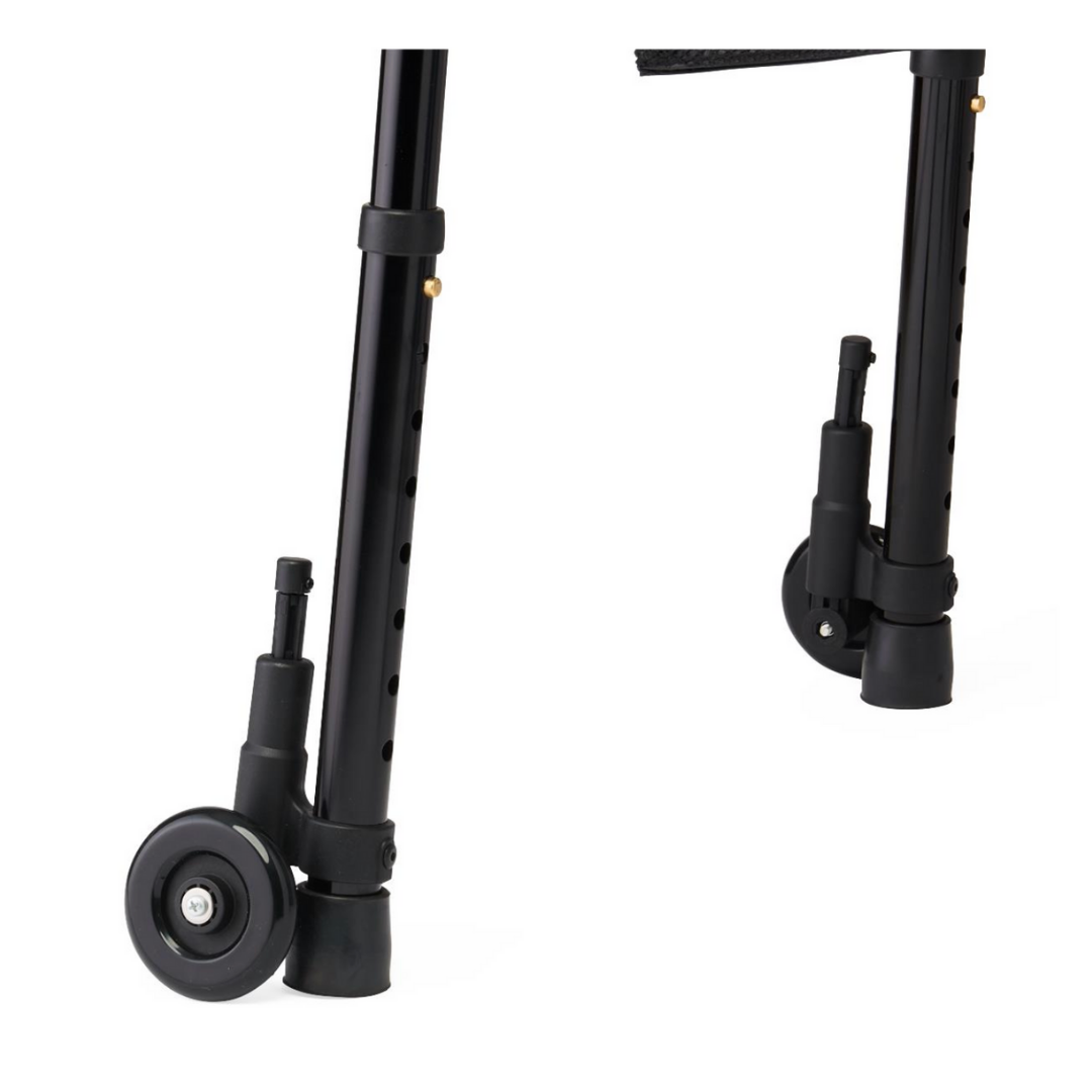 Close-up of two height-adjustable black metal legs with 5 wheels and rubber tips from the Medline Folding Trigger Walker with Side Bags, shown from various angles on a white background.