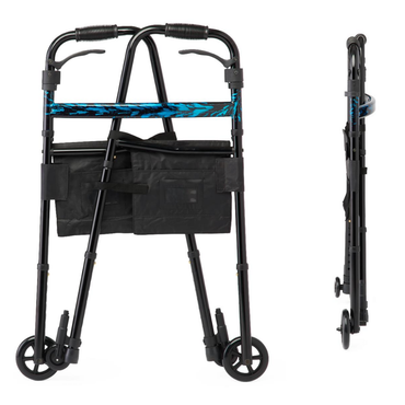 The Medline Folding Trigger Walker with 5 wheels features a lightweight, height-adjustable black frame, side storage bags, and is shown front-facing and folded from the side.