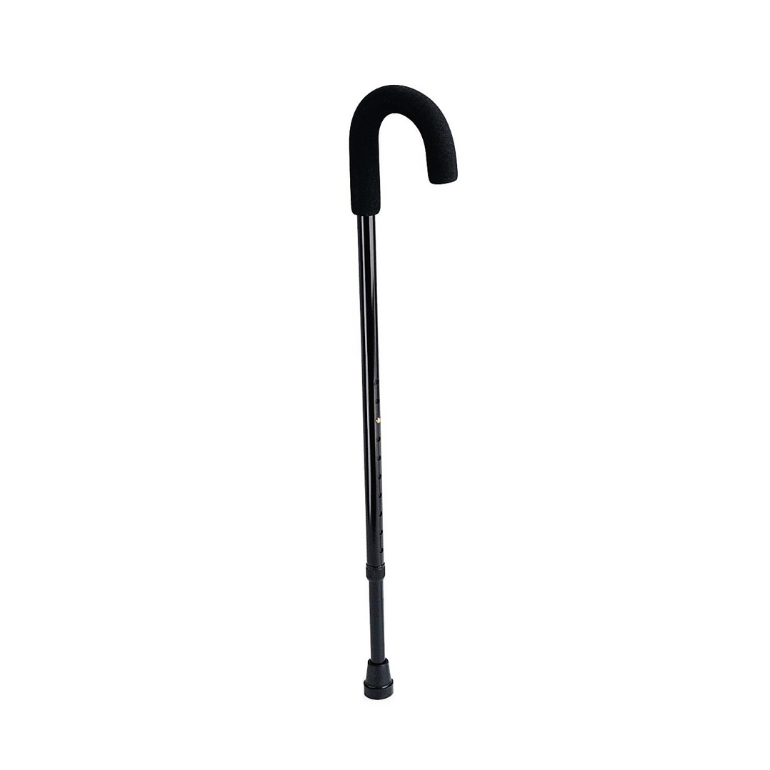 The Medline Standard Aluminum Crooked Handle Cane, shown in black with a curved ergonomic handle, adjustable height, and rubber tip, provides lightweight balance support against a white background.