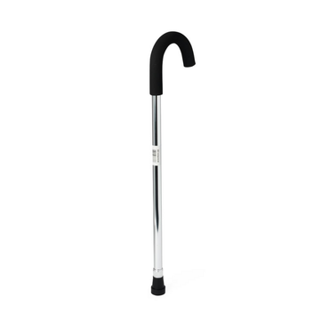 The Medline Standard Aluminum Crooked Handle Cane, featuring a lightweight silver shaft, black curved handle, and black rubber tip, stands upright against a white background.