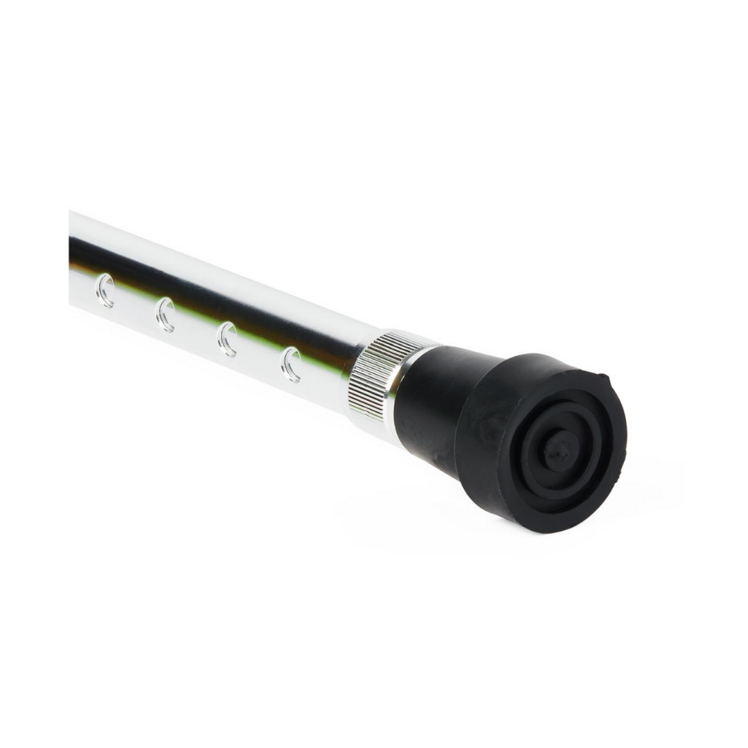 A close-up of the Medline Standard Aluminum Crooked Handle Cane shows its adjustable height holes, ribbed collar, and black rubber tip, highlighting its lightweight aluminum design and balance support against a white background.