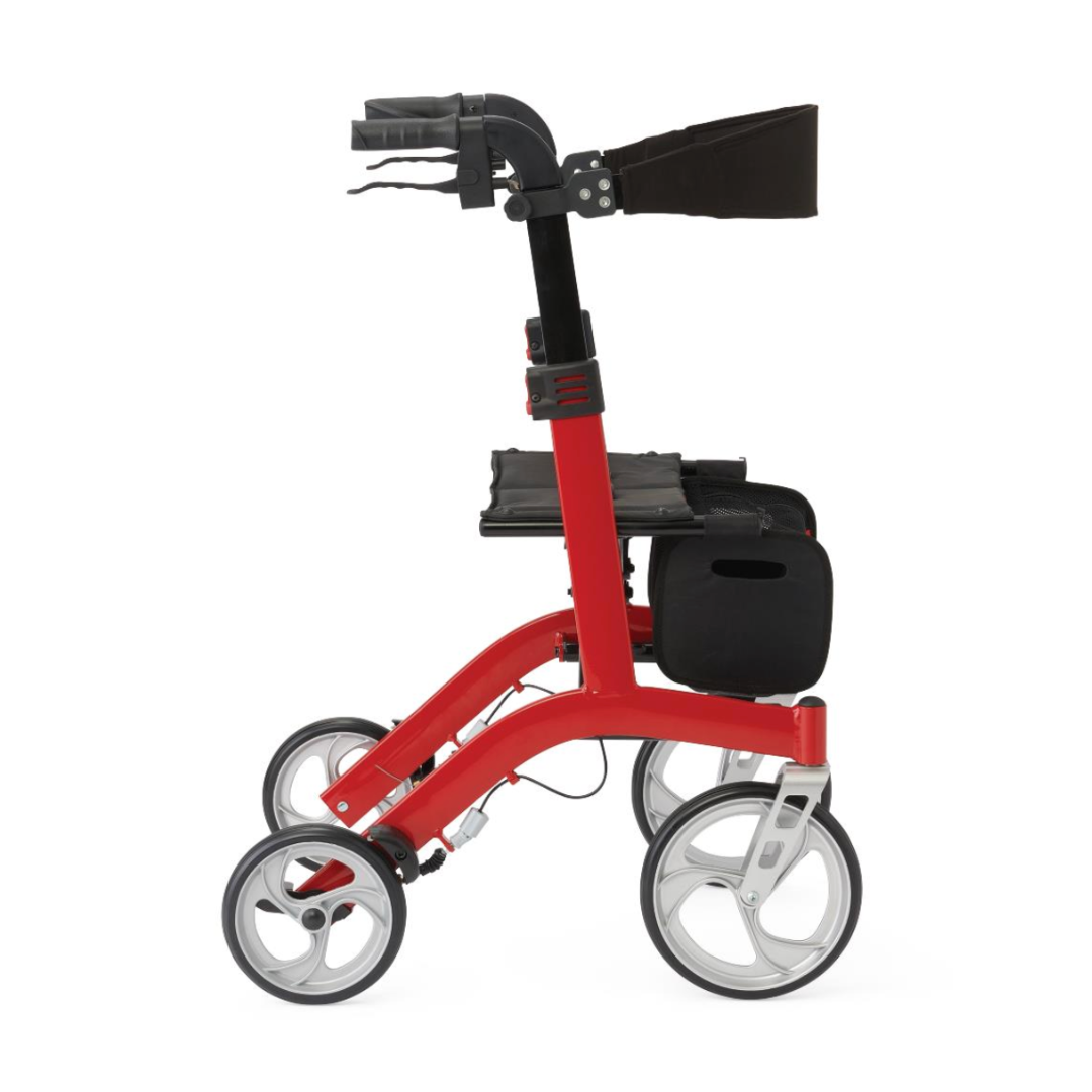 The Medline European-Style Aluminum Ultralite Rollator is a red, lightweight mobility walker with four wheels and a black seating area. It includes a handlebar for enhanced support and stability, assisting users in walking.