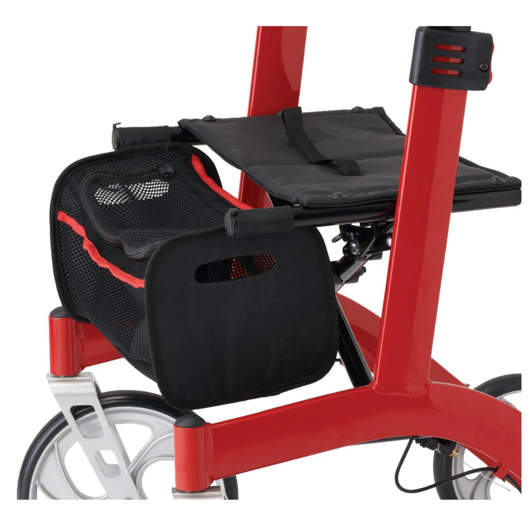 A close-up of the Medline European-Style Aluminum Ultralite Rollator shows a red mobility aid with a sleek black mesh storage bag, featuring two large wheels and a foldable seat. This lightweight design offers modern aesthetics and enhanced mobility in a compact package.