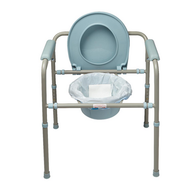 The Medline Commode Liners with Absorbent Pad are designed for a portable commode with a light blue plastic seat, lid, and bucket on a foldable metal frame with armrests. The liners provide hygienic waste management, and an absorbent pad is included for added convenience during transport and use.