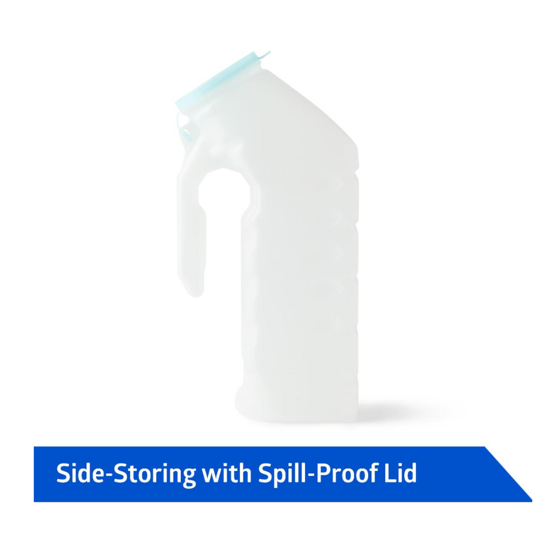 The Medline Portable Male Urinals with Splash-Proof Lid is a translucent bottle with handle and blue spill-proof lid, shown upright. Perfect for bedside use, it has a blue banner at the bottom that says "Side-Storing with Spill-Proof Lid.