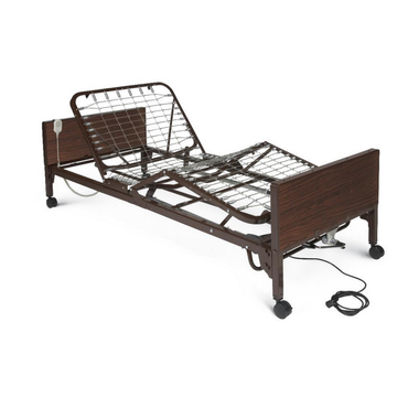 The Medline MedLite Semi-Electric Homecare Bed is a brown, lightweight bed with a metal frame, wire mesh base, remote control, and wheels—shown semi-upright with the cable coiled on the floor—ideal for homecare use.