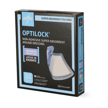 A box of Medline OptiLock Nonadhesive Super Absorbent Wound Dressings, featuring "Maximum Absorption" and "Locks in Exudate." Each box contains 10 non-adherent dressings, each sized 3.3 sq in.