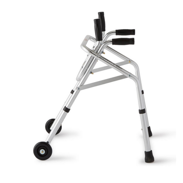 The Medline Pediatric Non-Folding Walker & Standing Aid, featuring height adjustability, two front wheels, rubber hand grips, and rubber-tipped rear legs, is shown against a plain white background.