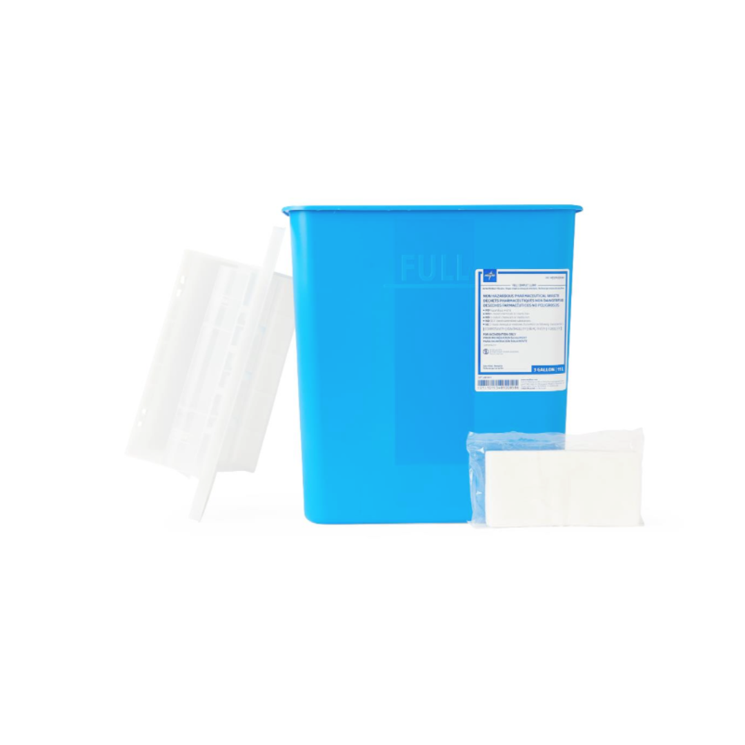 A Medline Pharmaceutical Waste Container with a blue rectangular body, white label, plastic divider, and sealed packet is shown on a plain white background—perfect for safe medical waste disposal.