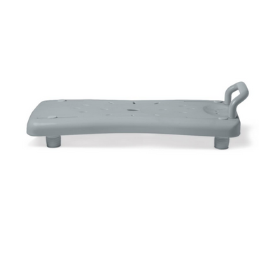 The Medline Portable Shower Board is a lightweight, gray plastic shower chair with drainage holes and a small side handle. It has adjustable screw legs for stability, ensuring comfort and safety in the bath—ideal for enhancing your daily routine.