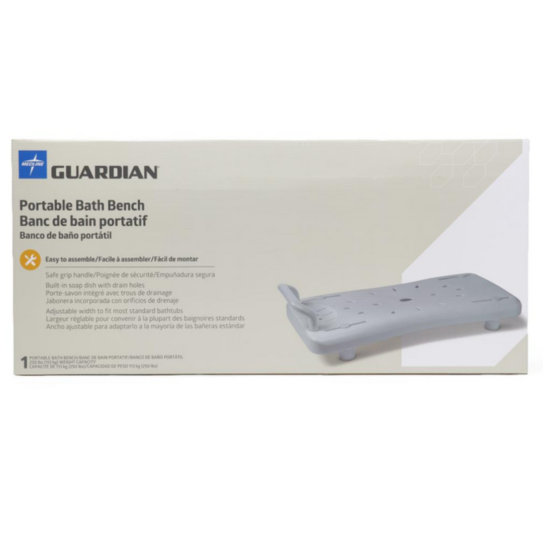 The packaging for a Medline Portable Shower Board features an image of the sturdy, white board with a textured surface and convenient handle. The text highlights its easy assembly and safety features as part of the Medline Shower Chair line.
