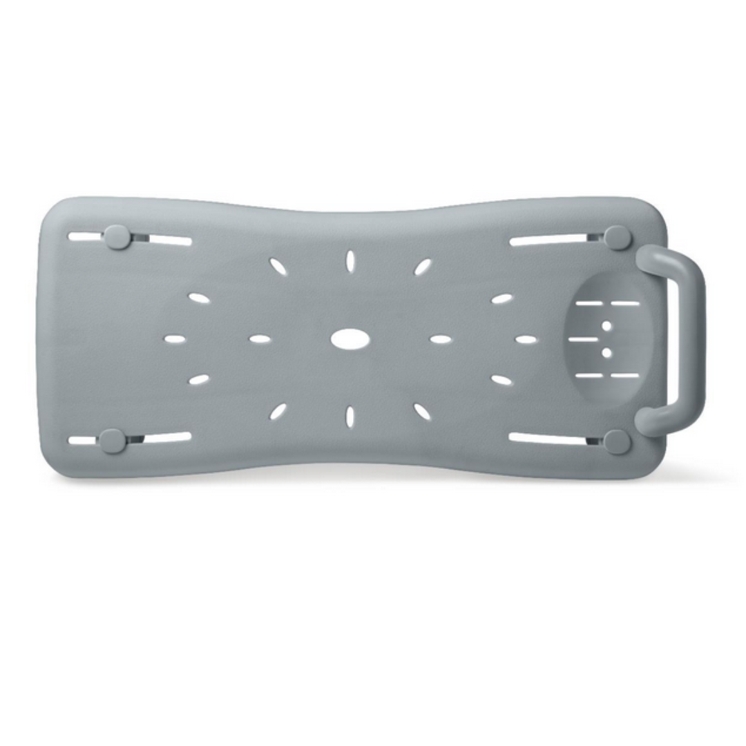The Medline Portable Shower Board, a lightweight, gray contoured plastic bath board with a handle and drainage holes, has four adjustable side clamps for secure attachment to any bathtub.