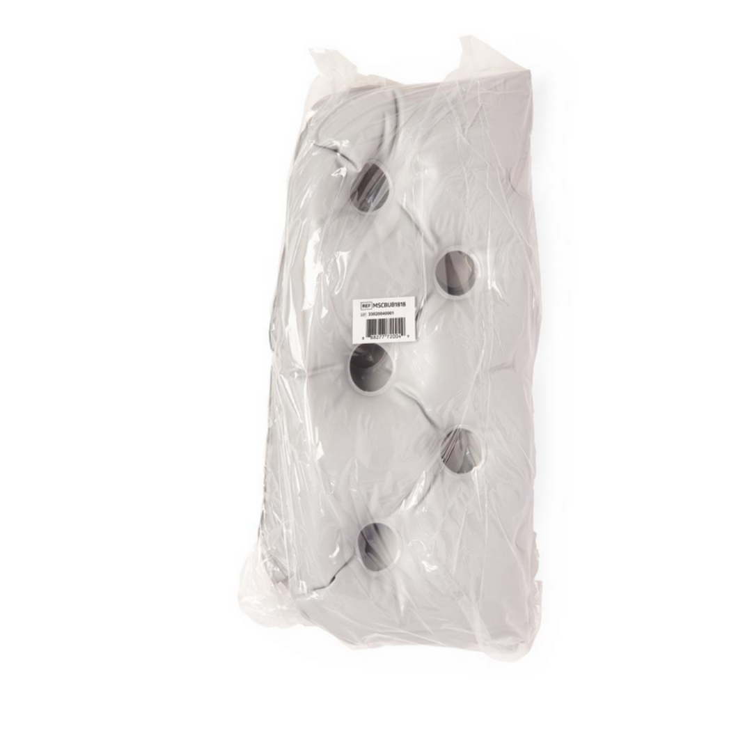 The Medline Pre-Inflated Bubble Cushion is a gray air mattress, folded and wrapped in clear plastic with a barcode label on top, featuring static air technology for enhanced pressure relief.